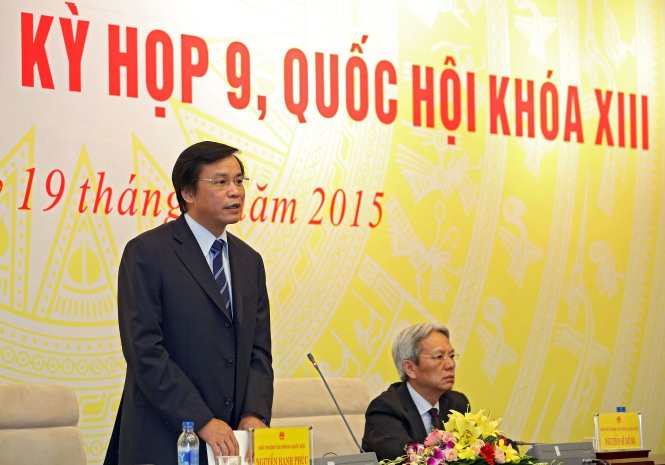 Ông Nguyễn Hạnh Phúc thông tin về nội dung kỳ họp thứ 9 Quốc hội khóa 13 tổ chức sáng nay. ảnh: TTO.