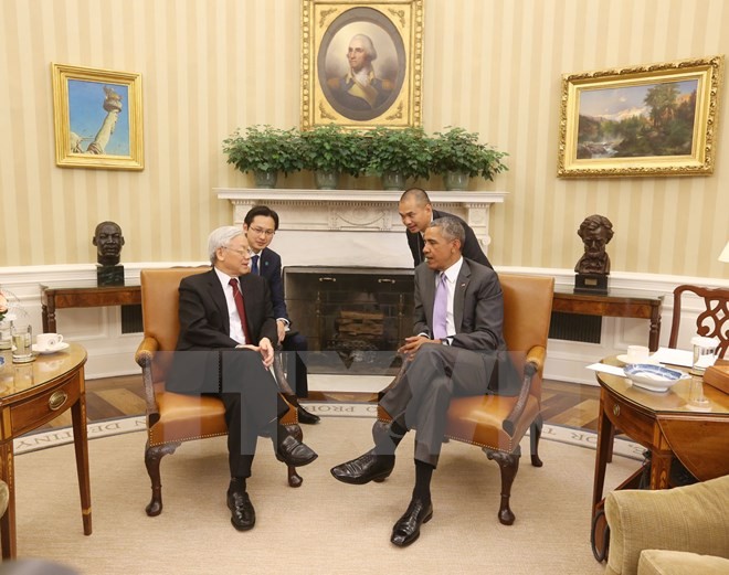 Tổng Bí thư Nguyễn Phú Trọng hội đàm với Tổng thống Obama tại phòng bầu dục, Nhà trắng. ảnh: Trí Dũng/TTXVN.