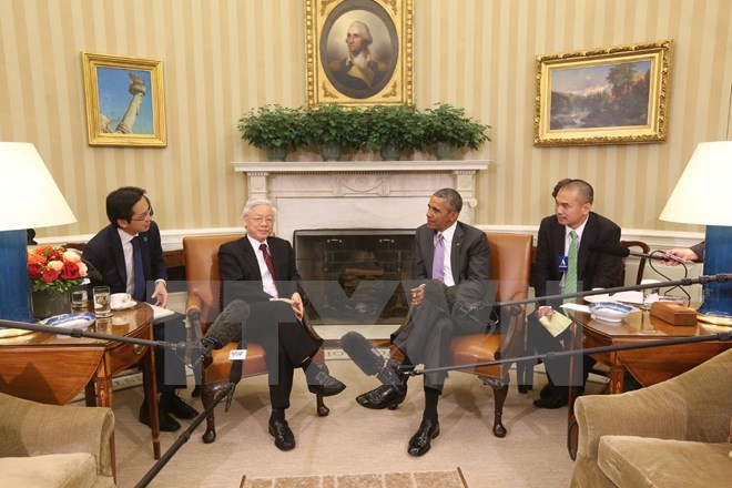 ổng Bí thư Nguyễn Phú Trọng và Tổng thống Hoa Kỳ Barack Obama gặp gỡ báo chí. (Ảnh : Trí Dũng/TTXVN)
