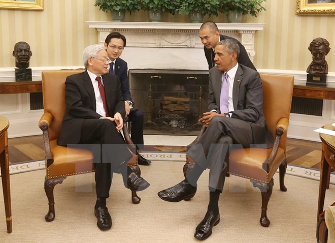 Tổng Bí thư Nguyễn Phú Trọng hội đàm với Tổng thong Barack Obama tại Phòng Bầu dục là một sự kiện lịch sử giữa hai quốc gia. (Ảnh: Trí Dũng/TTXVN).