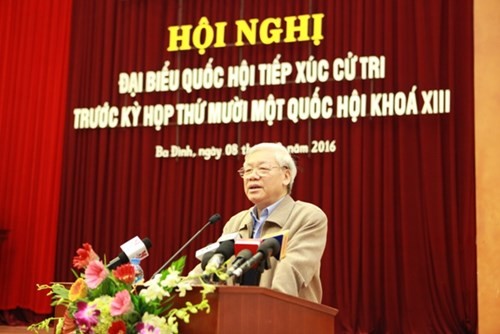 Tổng Bí thư Nguyễn Phú Trọng nhấn mạnh yêu cầu chọn người có tâm, đức, tài để phục vụ nhân dân. ảnh: Duy Tiến.