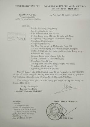 Giới thiệu chữ ký của Phó Thủ tướng Trương Hòa Bình.
