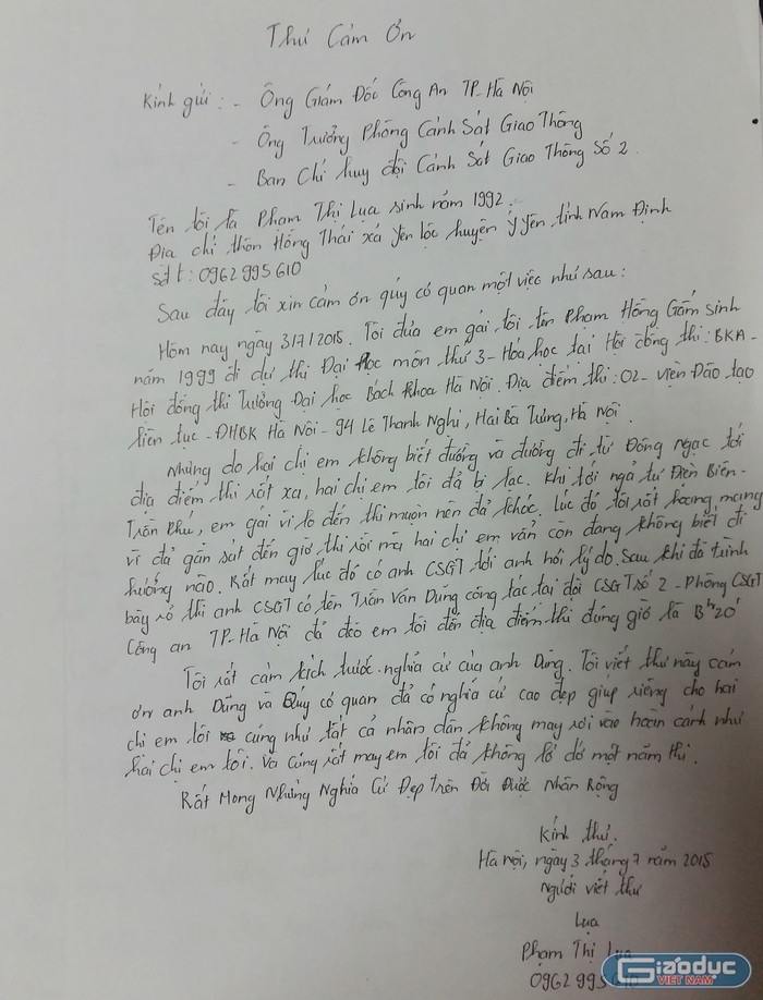 Lá thư của chị Phạm Thị Lụa cảm ơn hành động đẹp của chiến sĩ Đội Cảnh sát Giao thông số 2. ảnh: Ngọc Quang.