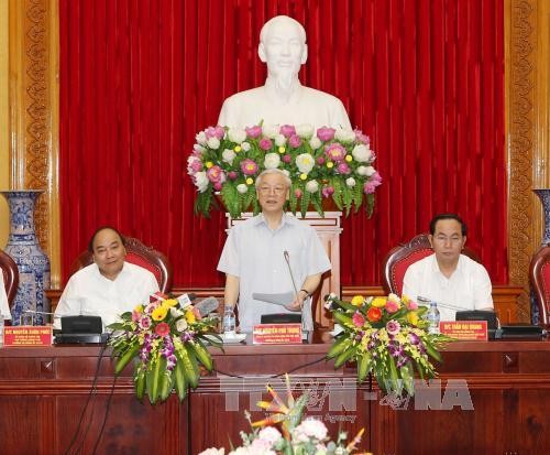 Tổng Bí thư Nguyễn Phú Trọng phát biểu chỉ đạo tại Lễ công bố Quyết định của Bộ Chính trị Khóa XII về việc chỉ định Đảng ủy Công an Trung ương nhiệm kỳ 2015-2020. ảnh: TTXVN.