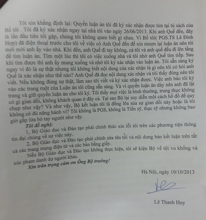 Ông Lê Thanh Huy cho biết rất bức xúc vì sự suy diễn hồ đồ trong kết luận 1254 ngày 4/10/2013 của Bộ GD&amp;ĐT. ảnh: NQ.