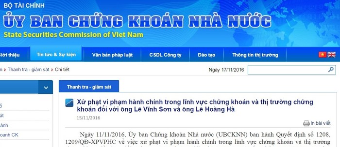 Ủy ban Chứng khoán Nhà nước ra quyết định xử phạt đối với ông Lê Vĩnh Sơn và ông Lê Hoàng Hà.
