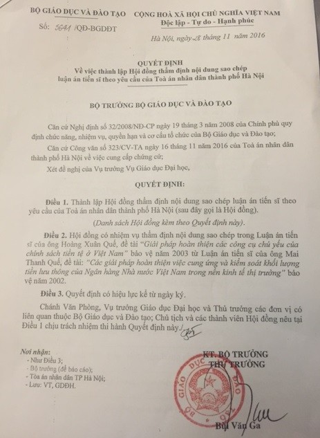 Ông Bùi Văn Ga ký quyết định nói rằng việc thành lập hội đồng là “theo yêu cầu của TAND Thành phố Hà Nội”.