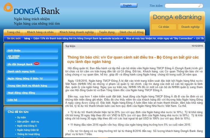 Dong A Bank thông báo chính thức trên website về việc bắt tạm giam cựu Tổng Giám đốc Trần Phương Bình và một số cựu cán bộ, nhân viên khác. Tuy nhiên, Dong A Bank khẳng định, việc này không ảnh hưởng tới hoạt động của Dong A Bank.