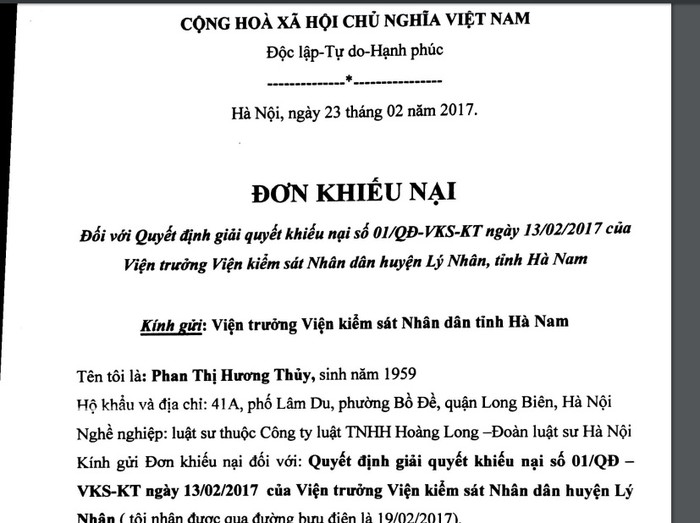Luật sư Phan Thị Hương Thủy tiếp tục khiếu nại tới Viện kiểm sát Nhân dân tỉnh Hà Nam.