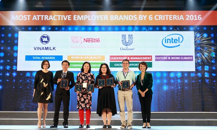 Ông Nguyễn Quốc Việt (thứ hai từ trái sang), Trưởng Bộ phận Tuyển dụng và Đào tạo, Vinamilk đại diện công ty nhận chứng nhận thứ 2 trong top 100 nơi làm việc tốt nhất Việt Nam.