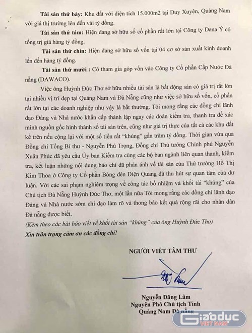 Tâm thư của ông Nguyễn Đăng Lâm đề cập tới nhiều vấn đề có liên quan tới Chủ tịch Thành phố Đà Nẵng - ông Huỳnh Đức Thơ.