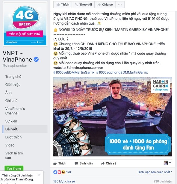 Thông tin về sự kiện Martin Garrix by VinaPhone trên fanpage của nhà mạng lập tức thu hút hơn 17.000 người dùng Facebook.