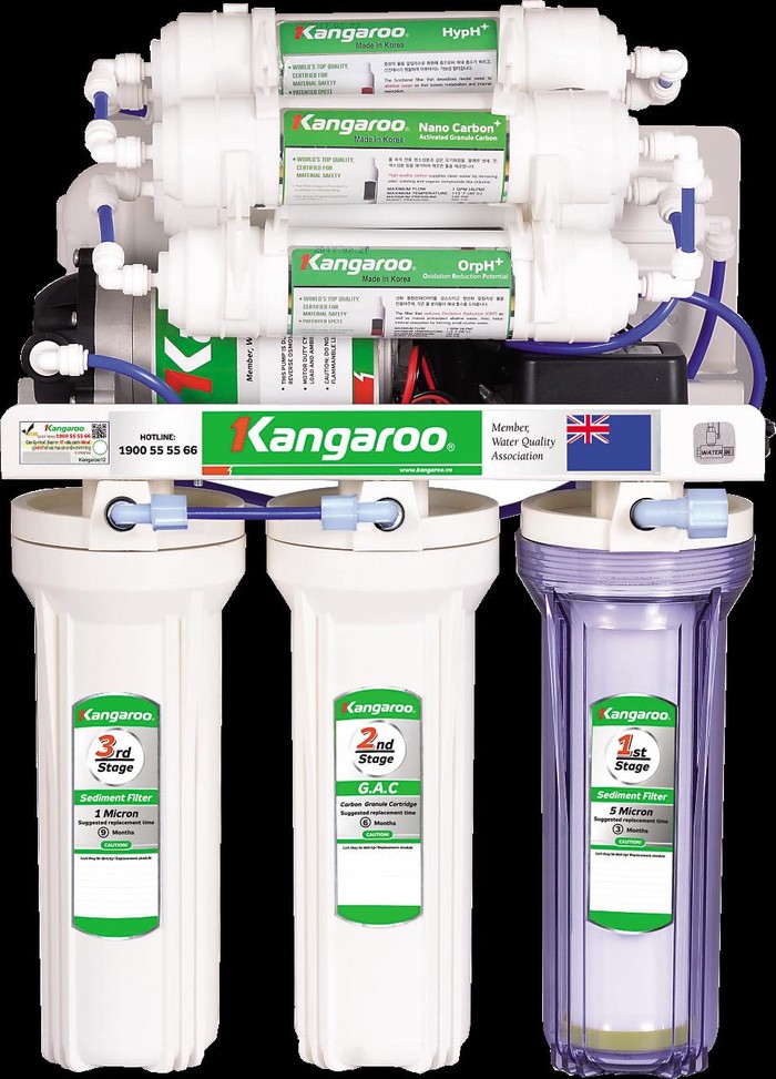 Cấu tạo đồng bộ của máy lọc nước Kangaroo Hydrogen từ các lõi lọc, bơm áp, adaptẻ đến van từ cút nối tự làm kín.