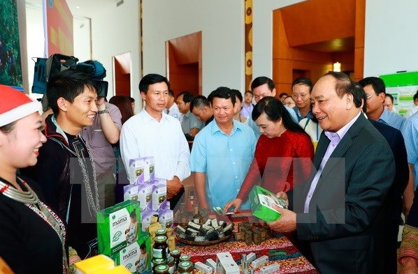 Thủ tướng Nguyễn Xuân Phúc thăm gian hàng trưng bày dược liệu. ảnh: TTXVN.