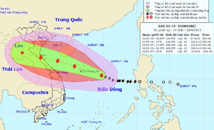 Đường đi của bão số 10 cho thấy cơn bão mạnh có thể ảnh hưởng tới Việt Nam. Ảnh: Trung tâm Dự báo khí tượng thủy văn Trung ương.