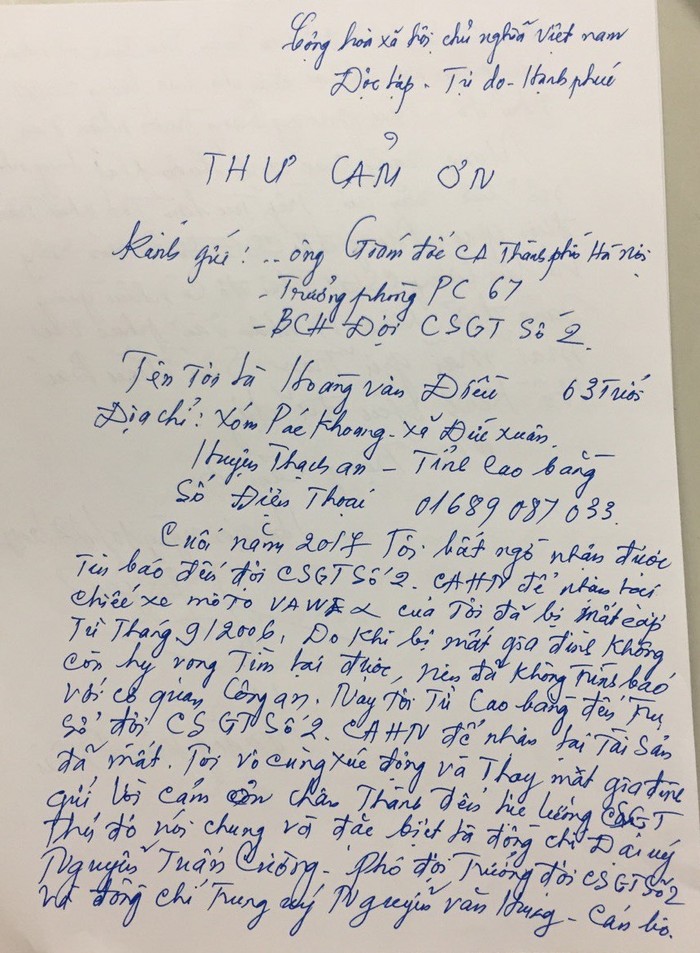 Bác Hoàng Vân Điều xúc động viết thư cảm ơn các chiến sĩ Cảnh sát Giao thông đã tìm được chiếc xe trao trả cho người bị mất.