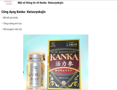 Sản phẩm Kanka - Katsuryokujin được quảng cáo trên nhiều website vi phạm quy định về quảng cáo. ảnh: BH.