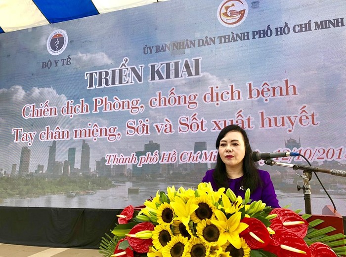Bộ trưởng Nguyễn Thị Kim Tiến phát biểu tại lễ phát động &quot;Chiến dịch phòng, chống dịch bệnh tay chân miệng, sởi và sốt xuất huyết 2018&quot;.