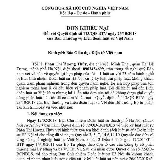 Luật sư Phan Thị Hương Thủy phản ánh vụ việc tới Báo Điện tử Giáo dục Việt Nam.