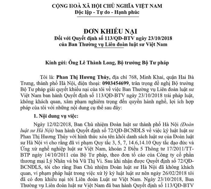 Luật sư Phan Thị Hương Thủy gửi đơn khiếu nại tới Bộ trưởng Bộ Tư pháp.