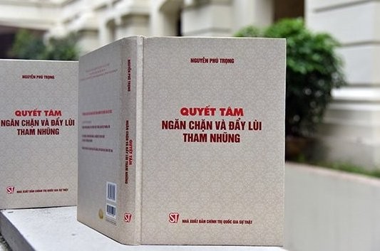 Cuốn sách &quot;Quyết tâm ngăn chặn và đẩy lùi tham nhũng&quot; của đồng chí Nguyễn Phú Trọng. Ảnh: nxbctqg.org.vn