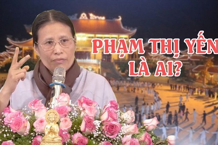Phạm Thị Yến truyền bá mê tín dị đoan tại chùa Ba Vàng. ảnh: Báo Lao động.