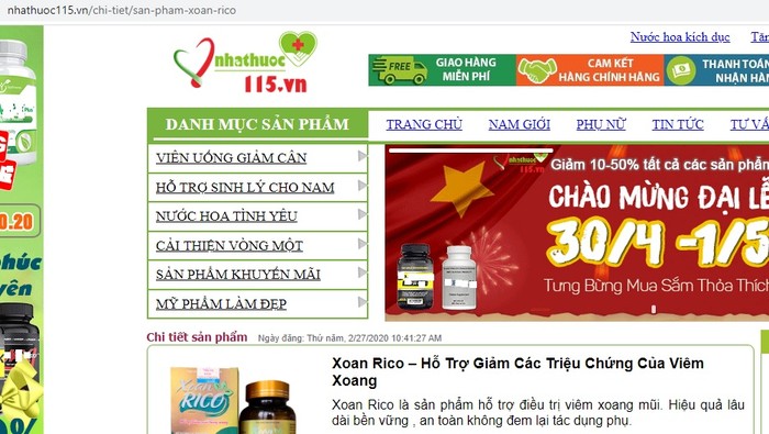 Cục An toàn thực phẩm công bố đây là một trong những website vi phạm quảng cáo sản phẩm Hoạt huyết ngọc thanh và Xoan Rico.