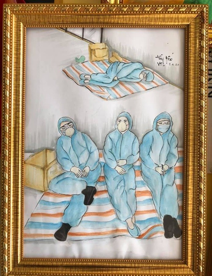 Bức tranh của em Hồng Yến, học sinh Trường Trung học cơ sở Nguyễn An Ninh (Bà Rịa, Vũng Tàu) ghi những giây phút mệt mỏi, nghỉ ngơi tạm bợ của bác sĩ chống dịch Covid-19.