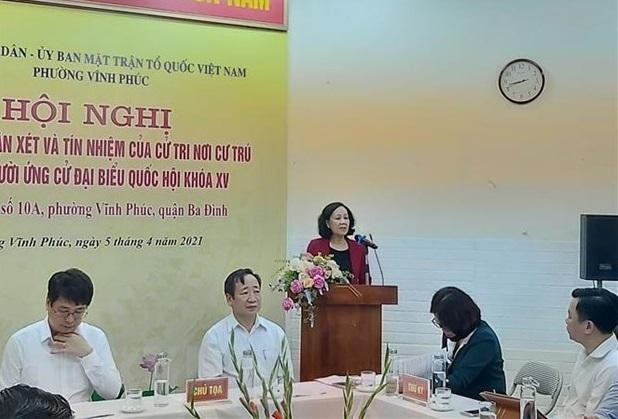 Ủy viên Bộ Chính trị, Trưởng Ban Dân vận Trung ương Trương Thị Mai phát biểu tại hội nghị. (Ảnh: Nguyễn Cúc/TTXVN)