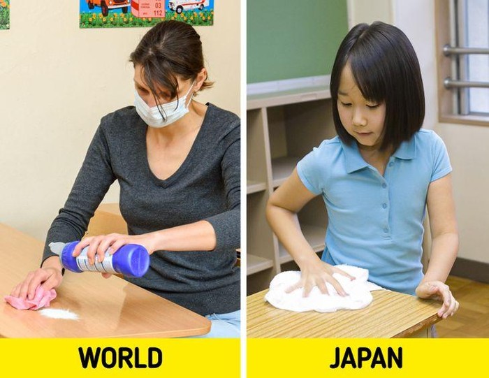 Học sinh Nhật Bản tự dọn vệ sinh lớp học.