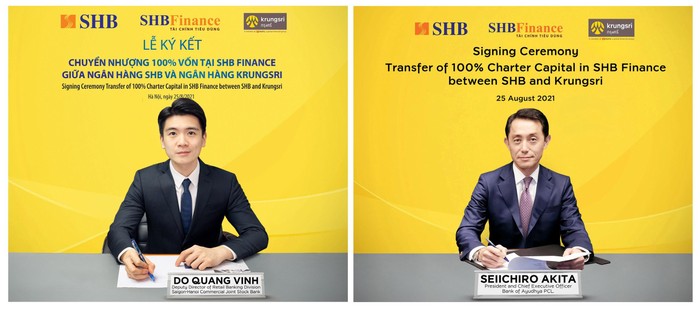 Ông Đỗ Quang Vinh – Giám đốc Khối Ngân hàng số, Phó Giám đốc Khối Ngân hàng Bán lẻ SHB, Chủ tịch HĐTV SHB Finance (tại Việt Nam) và ông Seiichiro Akita – Chủ tịch kiêm CEO Krungsri (tại Thái Lan) ký thỏa thuận chuyển nhượng 100% vốn SHB Finance.
