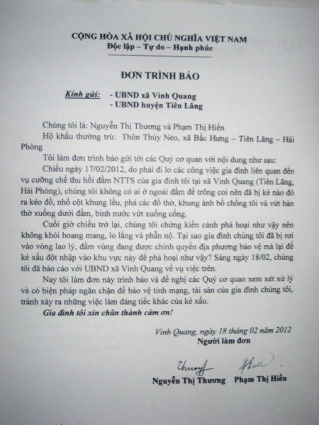 Lá đơn kiến nghị chị Thương và chị Hiền gửi UBND xã Vinh Quang cùng UBND huyện Tiên Lãng.