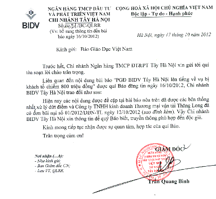 Văn bản BIDV Tây Hà Nội gửi tới Báo về việc giải quyết nội dung Báo Giáo dục Việt Nam phản ánh.
