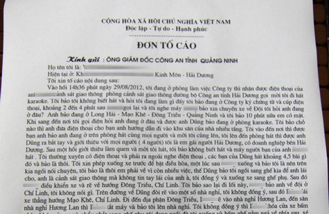 Lá đơn chị L. gửi CA tỉnh Quảng Ninh, tố cáo sự việc. (Ảnh NP)