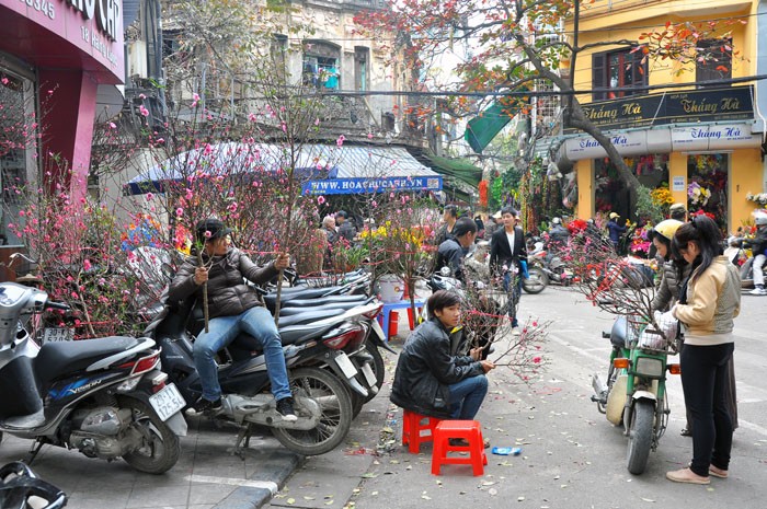 Những cành hoa đào đang nở đã được bày bán trên phố Hàng Lược, Hàng Rươi… từ ngoài mùng 10 tháng chạp (12 âm lịch).