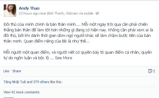 Búp bê biết hát đã có cách xử trí khá khéo léo khi bị đặt lên bàn cân so sánh với Hiền Thục trên trang cá nhân.