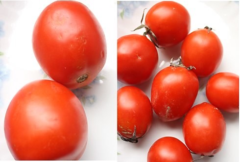 Phân biệt cà chua có vẻ khó khăn, song nếu để ý bạn sẽ thấy cà chua Trung Quốc (trái) bao giờ quả cũng to, bóng đều, không cuống vì sử dụng chất bảo quản rất lâu. Cà chua ta thường có cuống, tươi hơn. Trong ảnh (phải) là cà chua Vĩnh Phúc quả nhọn, nhỏ hơn hẳn.