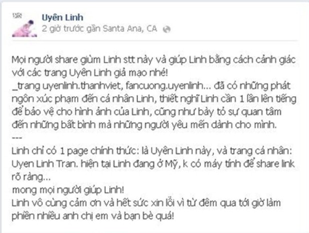 Uyên Linh từng gặp rắc rối khi bị giả mạo trên facebook.