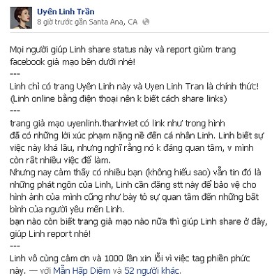 Uyên Linh lên tiếng khi bị facebook giả mạo bêu xấu.