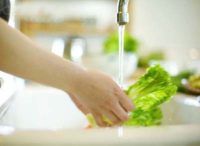 Rửa rau dưới vòi nước chảy mạnh sẽ hạn chế được vi khuẩn và hóa chất...