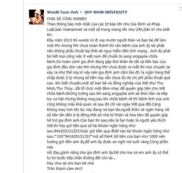 Facebook gải mạo Wanbi Tuấn Anh để lừa tiền người hâm mộ.