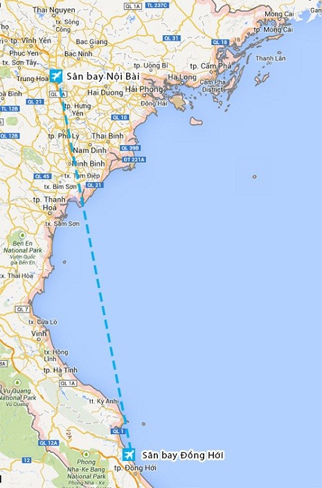 Đường bay từ sân bay Nội Bài (Hà Nội) đến sân bay Đồng Hới (Quảng Bình) - Đồ họa: Thiên Ý
