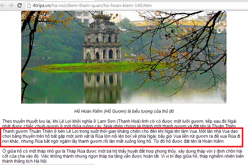 Đoạn giới thiệu hồ Hoàn Kiếm trên trang 4TRIPS - Cẩm nang du lịch Việt Nam.
