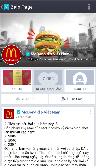 Zalo Page của McDonald’s.