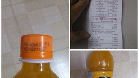 Hóa đơn thanh toán và chai nước cam Teppy quá hạn mà thành viên Voz mua ở Big C Thăng Long. (Ảnh: Báo Đất Việt)