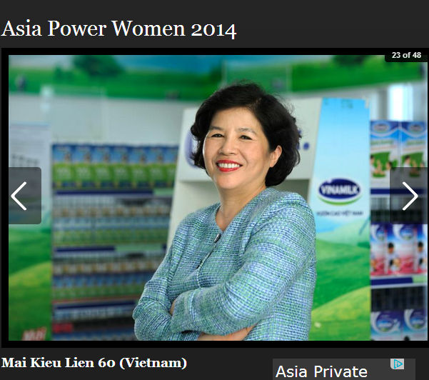 Chủ tịch HĐQT kiêm Tổng giám đốc Công ty sữa Việt Nam Vinamilk Mai Kiều Liên liên tục có tên trong danh sách những nữ doanh nhân quyền lực nhất châu Á (Ảnh chụp từ tạp chí Forbes)