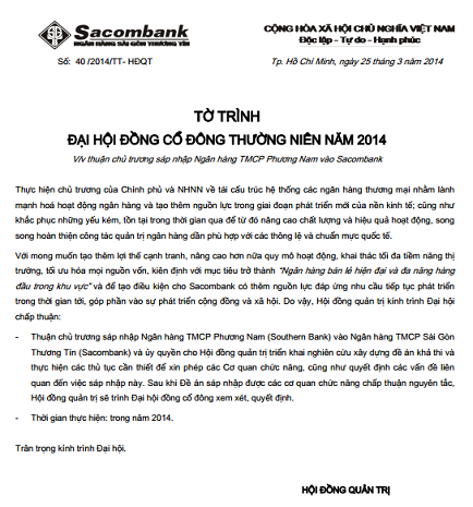 Sacombank công bố tờ trình xin sáp nhập với NH Phương Nam.