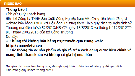 Thông báo ngừng bán hàng được đăng tải trên web của Công ty TNHH Sản xuất Công nghiệp Nam Việt.