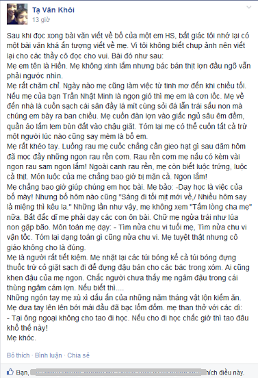 Thành viên Tạ Văn Khôi chia sẻ bài văn trên Facebook của nhóm “Chúng tôi yêu giáo dục tiểu học”.