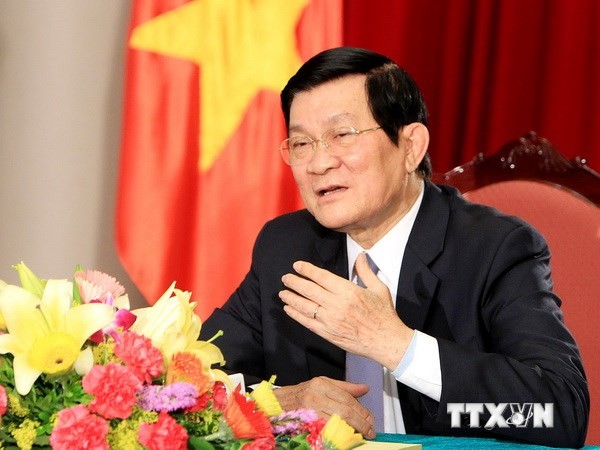 Chủ tịch nước Trương Tấn Sang trả lời phỏng vấn của TTXVN về việc Trung Quốc hạ đặt trái phép giàn khoan Hải Dương-981 vào vùng đặc quyền kinh tế và thềm lục địa của Việt Nam. (Ảnh: Nguyễn Khang/TTXVN)